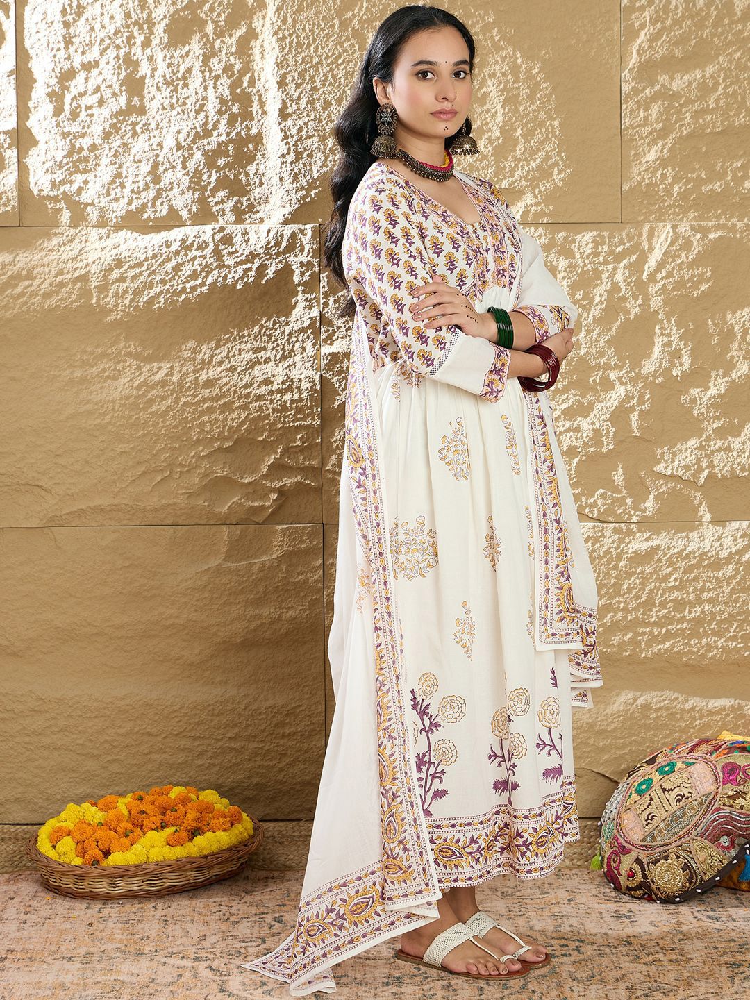 Dhiyona IE Women Ethnic Motifs Printed Empire Pure Cotton Kurta with Trousers & Dupatta