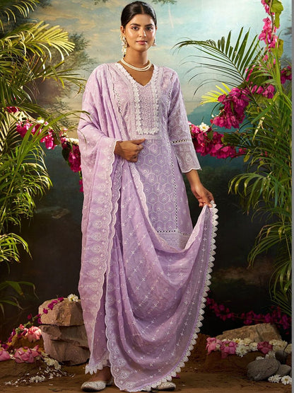 Women Ethnic Motifs Embroidered Regular Chikankari Pure Cotton Kurta with Trousers & With Dupatta