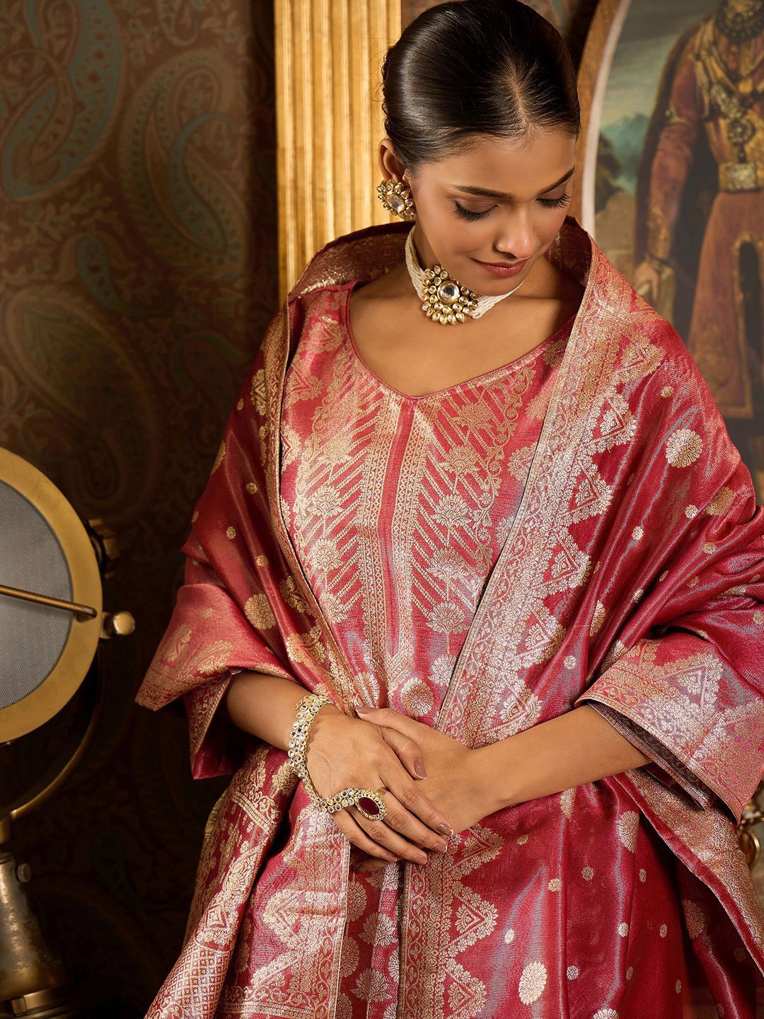 Dhiyona IE V-Neck Ethnic Motifs Woven Design Straight Kurta with Trouser & Dupatta