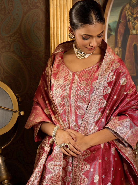 Dhiyona IE V-Neck Ethnic Motifs Woven Design Straight Kurta with Trouser & Dupatta