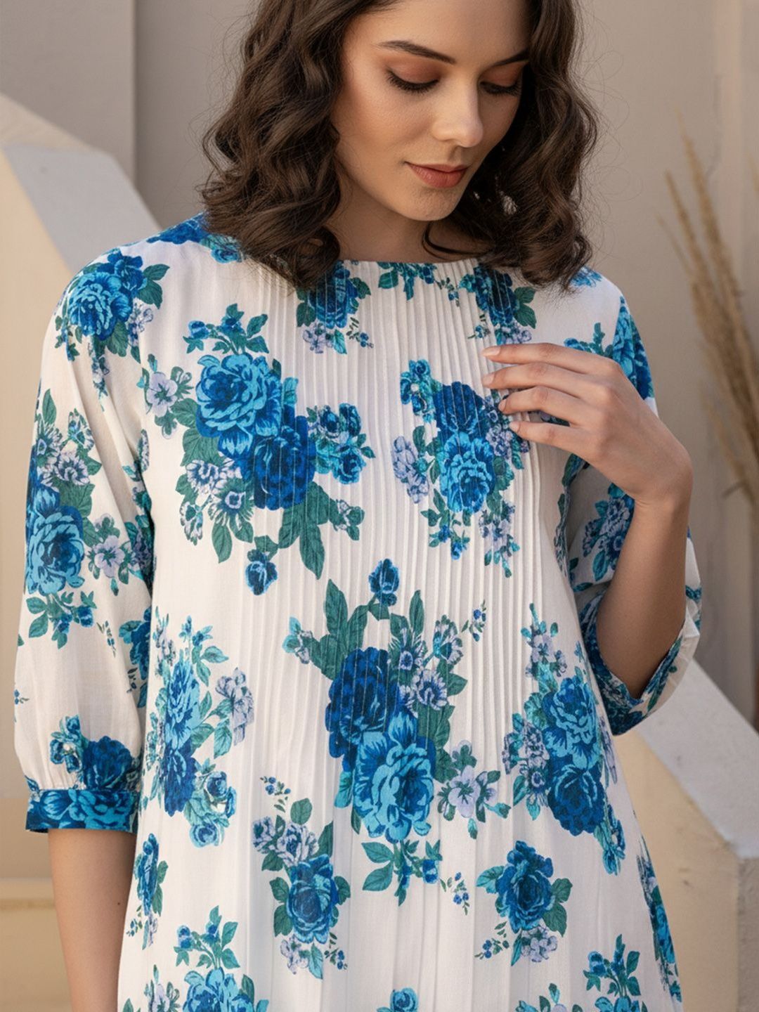 Floral Printed Pleated Round Neck Pure Cotton Straight Kurta With Trouser