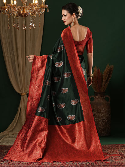 Women's Silk Blend Green Woven Design Designer Saree With Blouse Piece