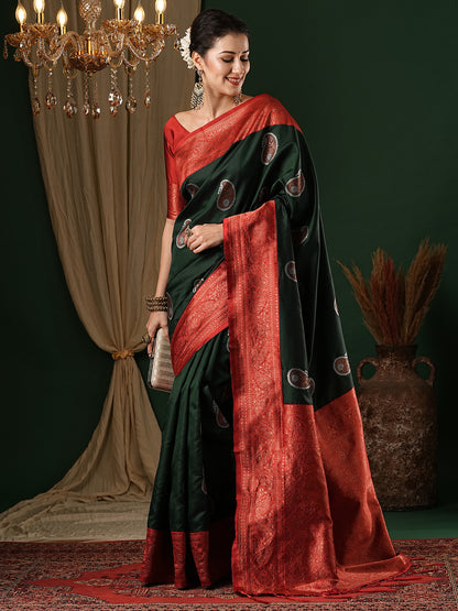 Women's Silk Blend Green Woven Design Designer Saree With Blouse Piece