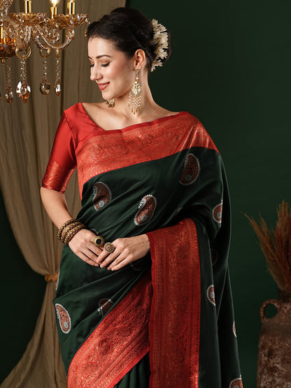 Women's Silk Blend Green Woven Design Designer Saree With Blouse Piece