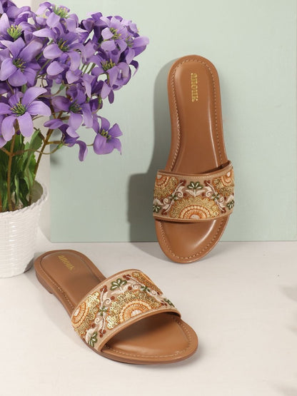 Dhiyona AK Women Ethnic Round Toe Open Toe Flats with Embroidered