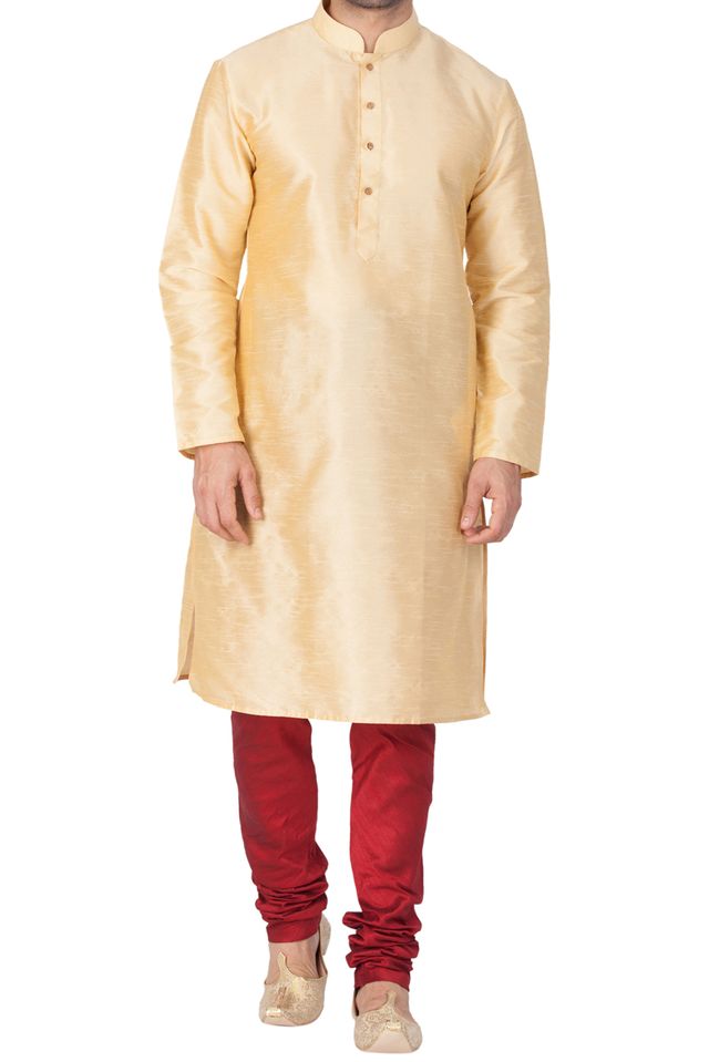 Men's Gold Silk Blend Straight Kurta Pyjama Set