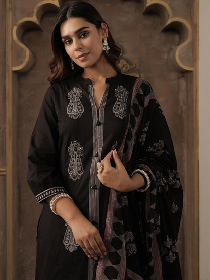 Embroidered Mandarin Collar Thread Work Pure Cotton Kurta With Trousers & Dupatta