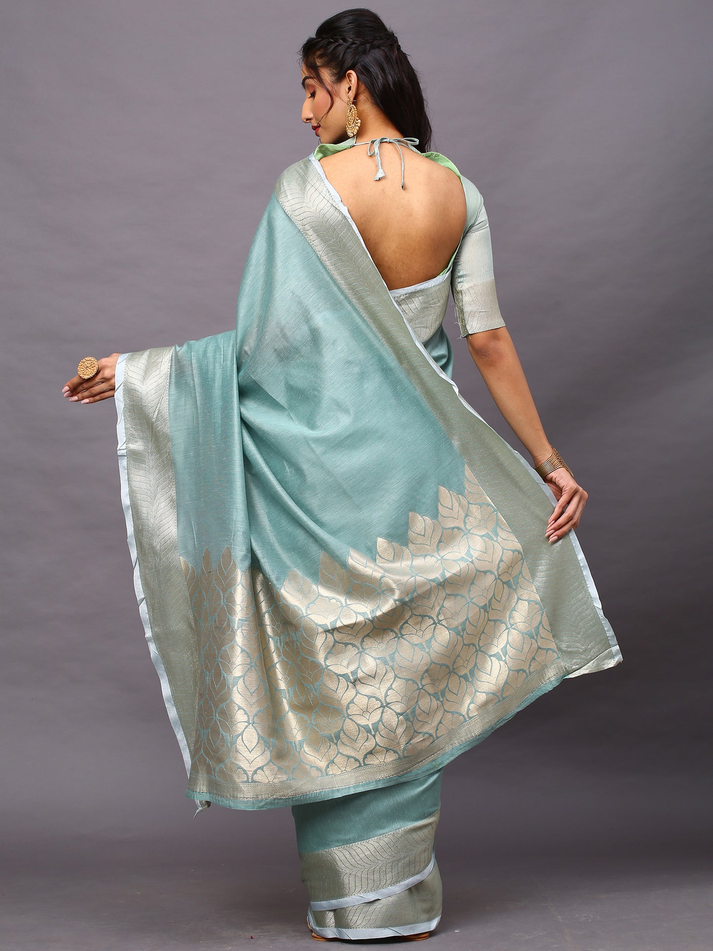 Women's Linen Blend Sea Green Woven Design Designer Saree With Blouse Piece