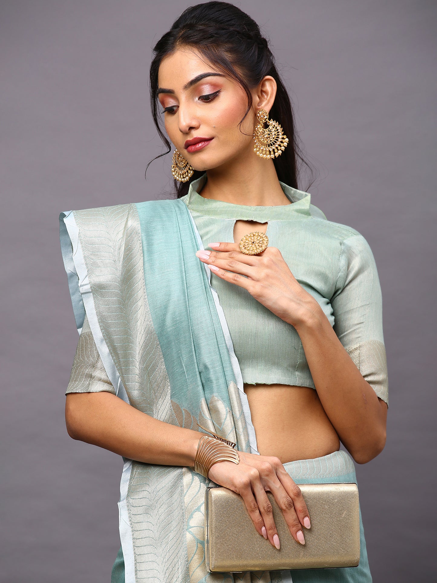 Women's Linen Blend Sea Green Woven Design Designer Saree With Blouse Piece