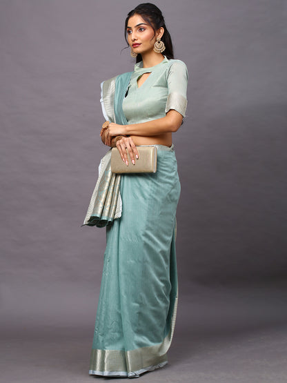 Women's Linen Blend Sea Green Woven Design Designer Saree With Blouse Piece