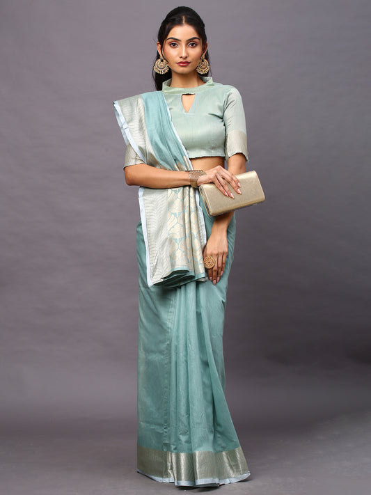 Women's Linen Blend Sea Green Woven Design Designer Saree With Blouse Piece