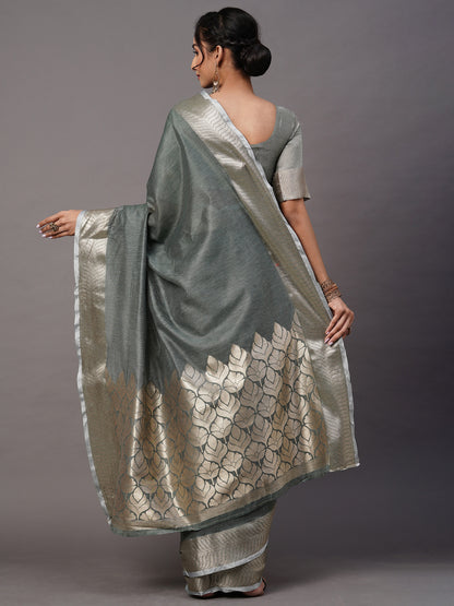 Women's Linen Blend Sea Green Woven Design Celebrity Saree With Blouse Piece