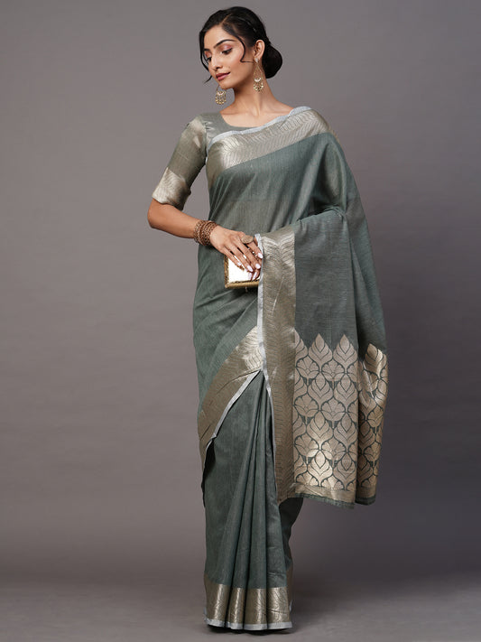 Women's Linen Blend Sea Green Woven Design Celebrity Saree With Blouse Piece