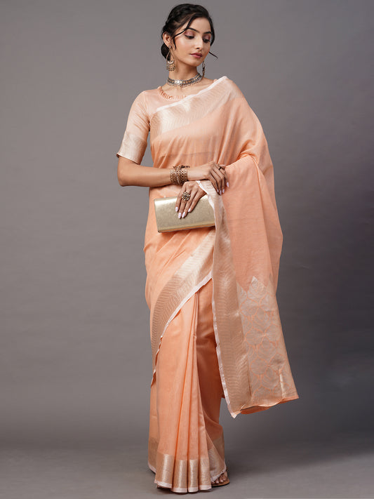 Women's Linen Blend Peach Woven Design Celebrity Saree With Blouse Piece