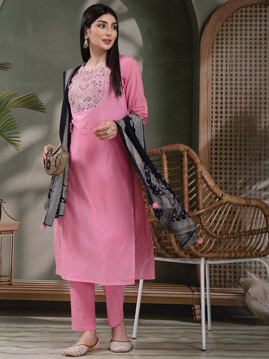 Dhiyona SN Women's Embroidered Pure Cotton Straight Kurta With Trousers & Dupatta