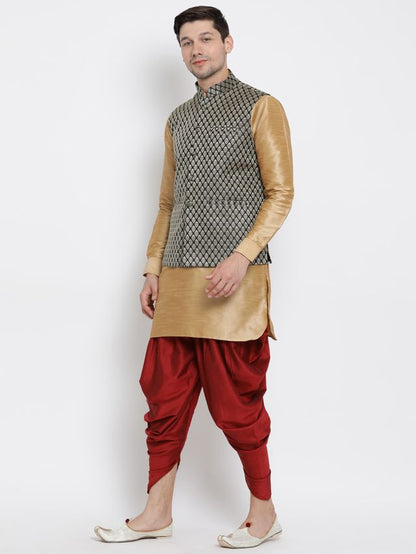 Men's Gold Silk Blend Straight Jacket  Kurta and Dhoti Set