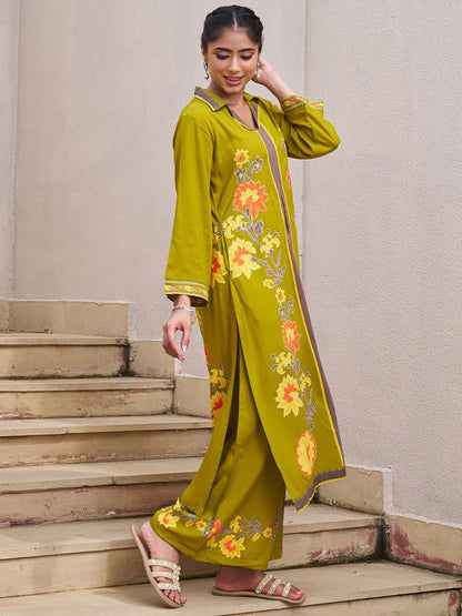 Dhiyona IE Floral Printed Shirt Collar A-Line Tunic & Palazzo