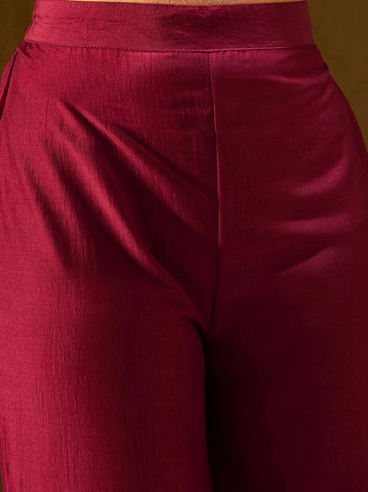 Maroon Ethnic Motifs Embroidered Straight Zari Kurta With Trousers & Dupatta