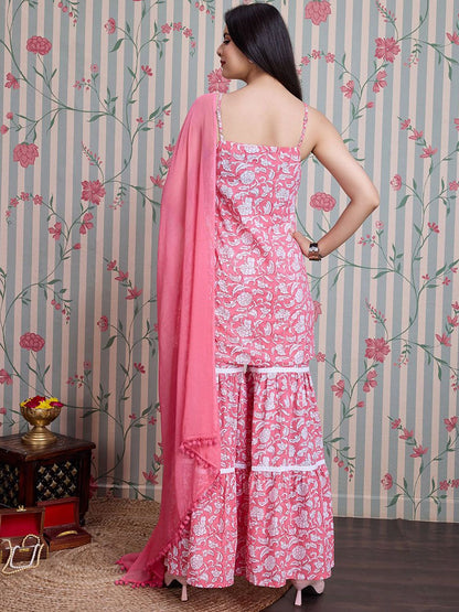 Dhiyona OD  Floral Printed Pure Cotton Straight Kurti with Sharara & Dupatta