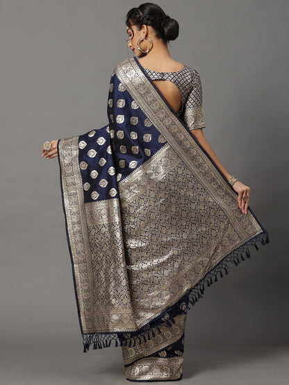 Women's Silk Blend Navy Blue Woven Design Woven saree With Blouse Piece