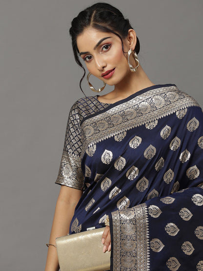 Women's Silk Blend Navy Blue Woven Design Woven saree With Blouse Piece