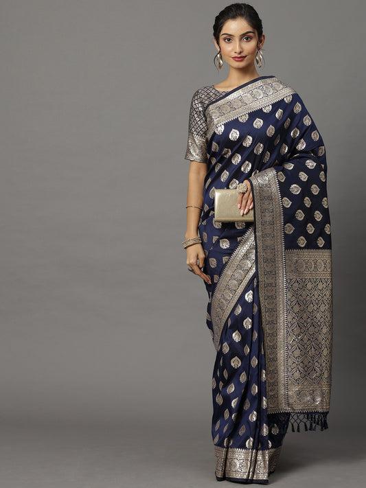 Women's Silk Blend Navy Blue Woven Design Woven saree With Blouse Piece
