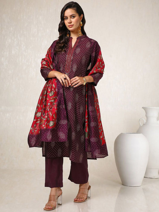 Dhiyona SO Women's Women Bandhani Printed Regular Thread Work Straight Kurta With Trouser With Dupatta