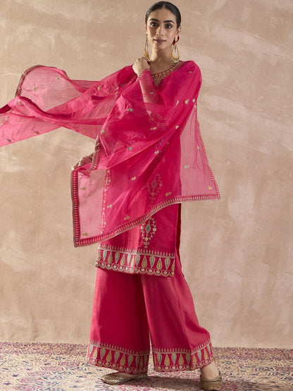 Ethnic Motifs Embroidered Round Neck Zari Kurta With Palazzos & Dupatta