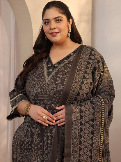 Dhiyona Women's Plus Size Ethnic Motifs Printed Kurta with Trousers & Dupatta