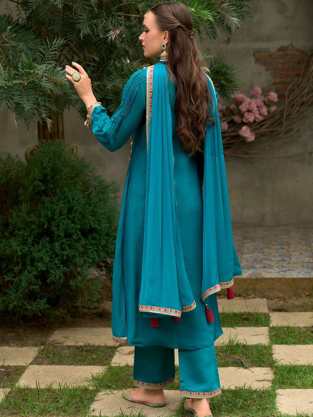 Floral Embroidered A-Line Round Neck Beads & Stones Kurta With Trousers & Dupatta