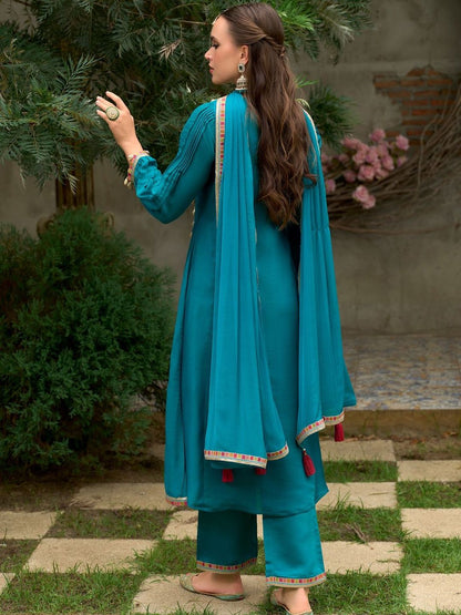 Floral Embroidered A-Line Round Neck Beads & Stones Kurta With Trousers & Dupatta