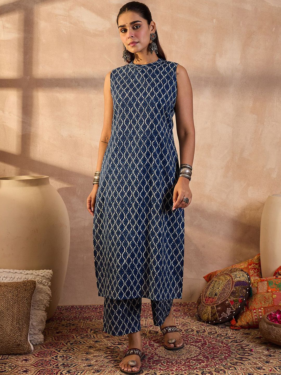 Dhiyona IE Printed Pure Cotton Round Neck Tunic With Trousers Co-Ords