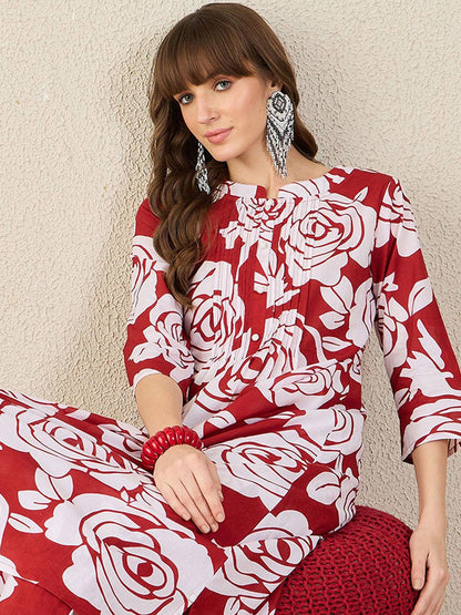 Dhiyona IE Floral Printed Pure Cotton Round Neck Tunic With Trousers Co-Ords