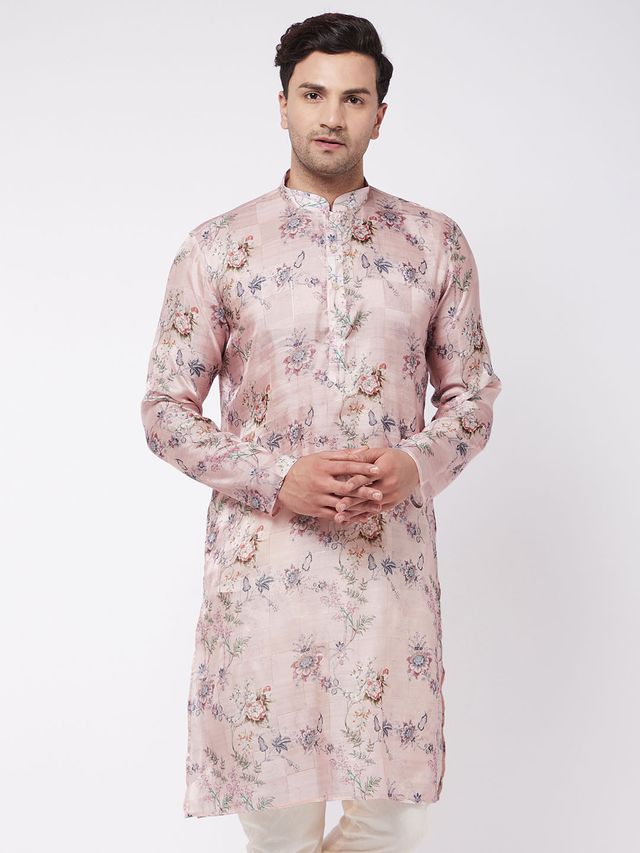 Men's MulticolorBasePeach Cotton Blend Straight Kurta
