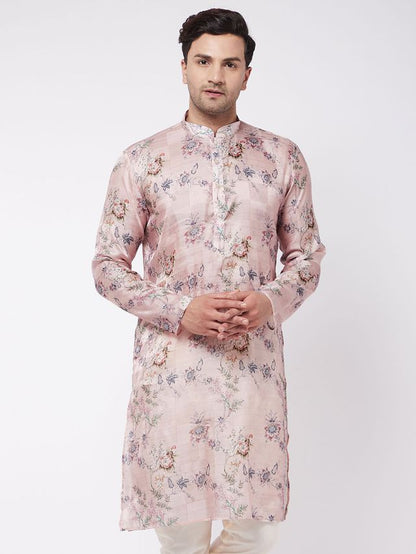 Men's MulticolorBasePeach Cotton Blend Straight Kurta