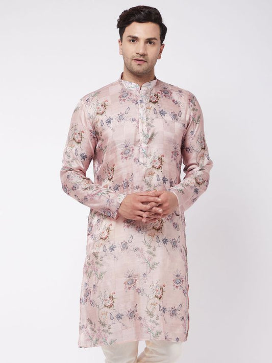 Men's MulticolorBasePeach Cotton Blend Straight Kurta