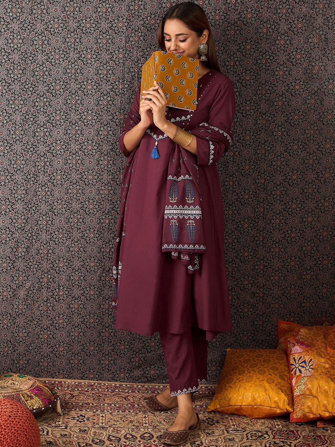 Women Ethnic Motifs Printed Cotton A-Line Kurta with Trousers & Dupatta