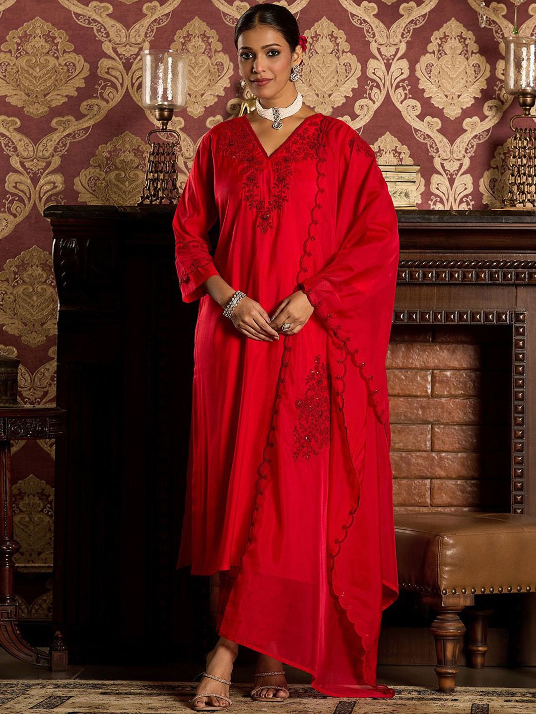 Dhiyona IE Ethnic Motifs Embroidered Sequined Straight Kurta With Trousers & Dupatta
