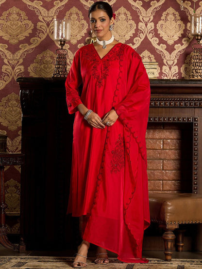 Dhiyona IE Ethnic Motifs Embroidered Sequined Straight Kurta With Trousers & Dupatta