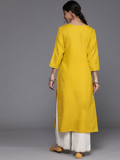 Dhiyona VR Women's Mustard Yellow Floral Yoke Embroidered Straight Kurta
