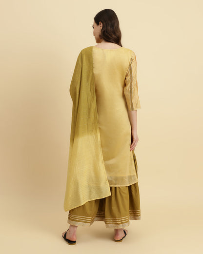 Dhiyona VR Women's Striped Chanderi Kurta With Sharara And Ombre Dupatta