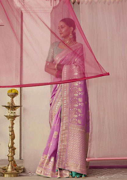 Dhiyona KM Women Lavender Dola Silk Saree With Green Golden Embroidered Blouse