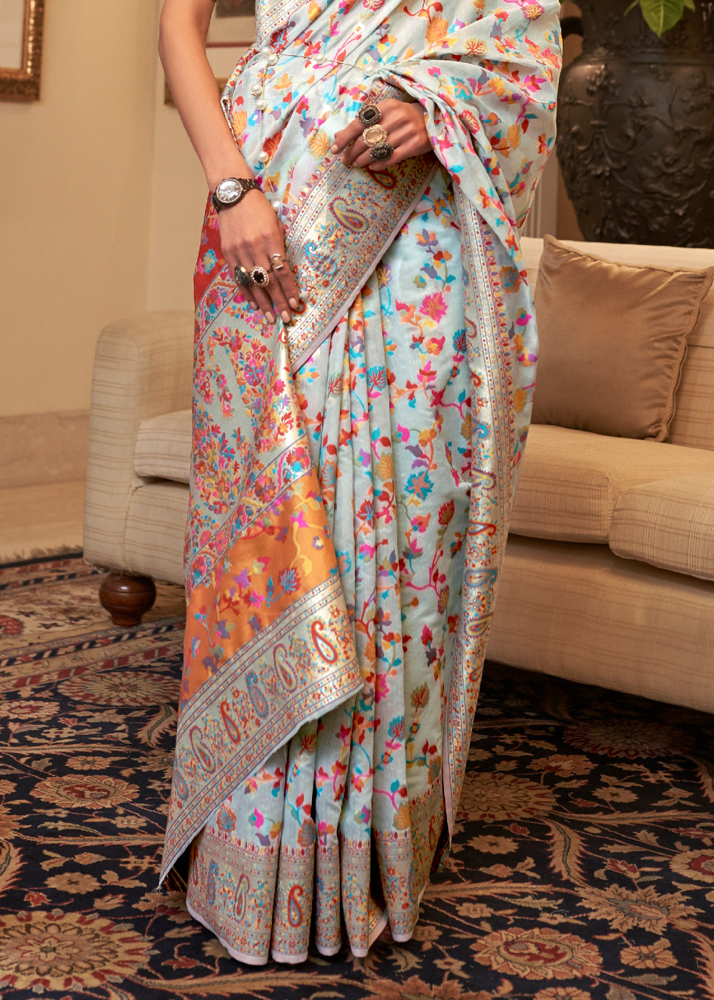 Dhiyona GR Women's Kalista Ice Sky Woven Jamewar Kashmiri Banarasi Saree