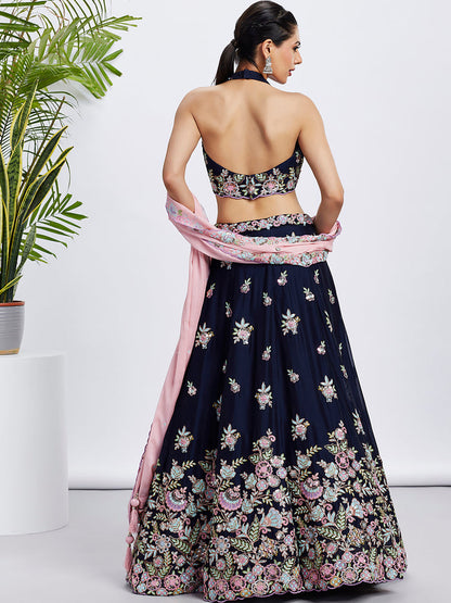 Women Navy blue Pure Georgette Sequins and thread embroidery  Lehenga choli & Dupatta