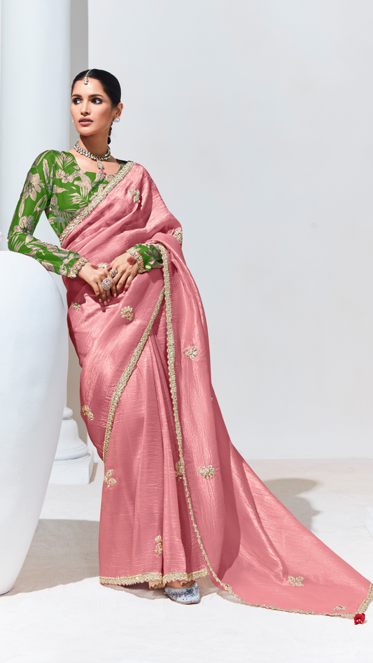 Dhiyona KM Women Peach Pure Tissue Silk Saree With Crushed Texture & Contrasting Green Blouse