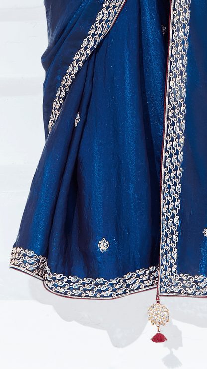 Dhiyona KM Women Royal Blue Silk Saree With Yellow Printed Puff-Sleeve Blouse “ A Perfect Blend Of Tradition & Trend