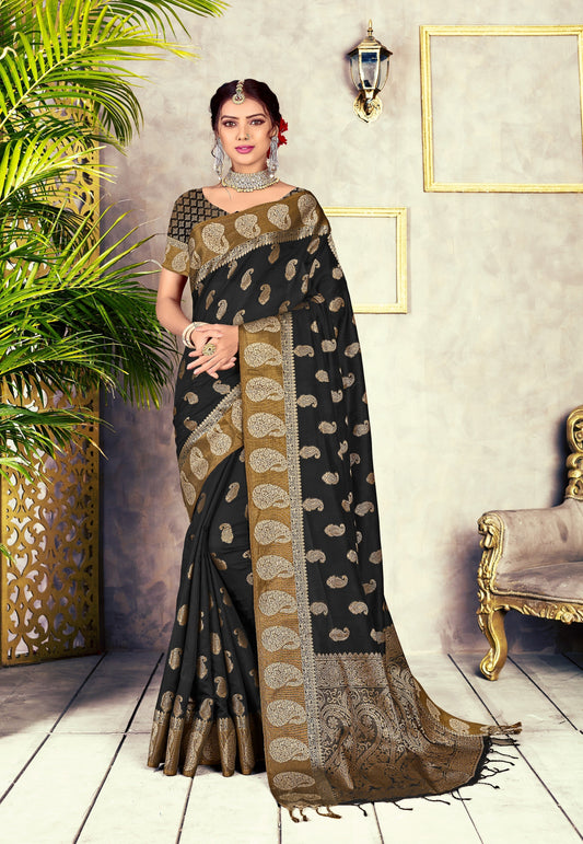 Dhiyona GR Women's GJ Black Diamond Jade Black Zari Woven Design Cotton Blend Saree