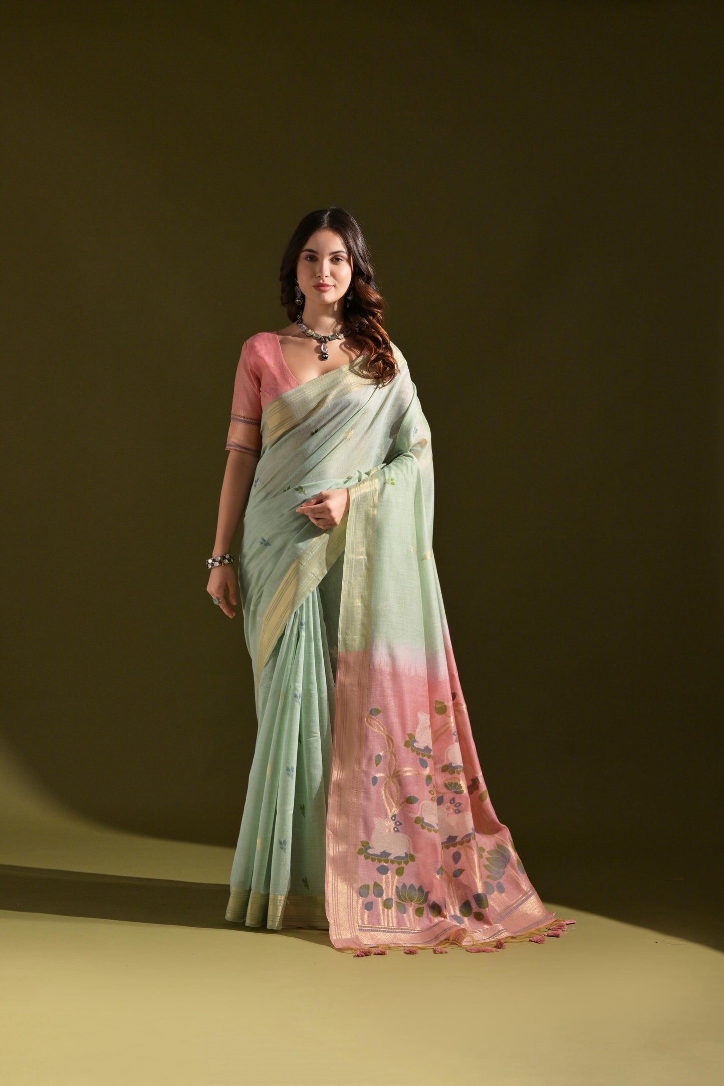 Dhiyona GR Women's Siara Sea Green Muga Cotton Saree