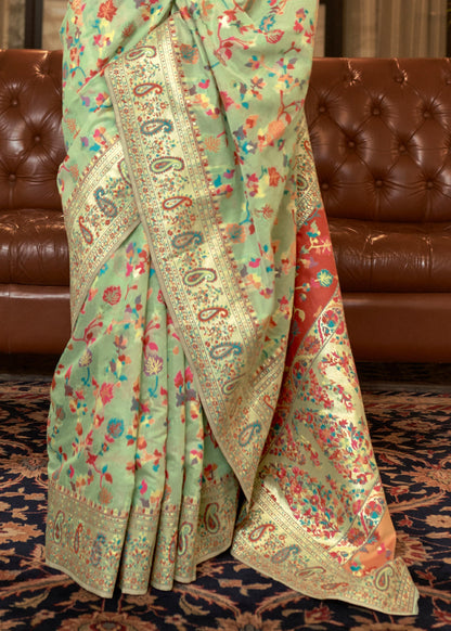 Dhiyona GR Women's Kalista Pista Green Woven Jamewar Kashmiri Banarasi Saree