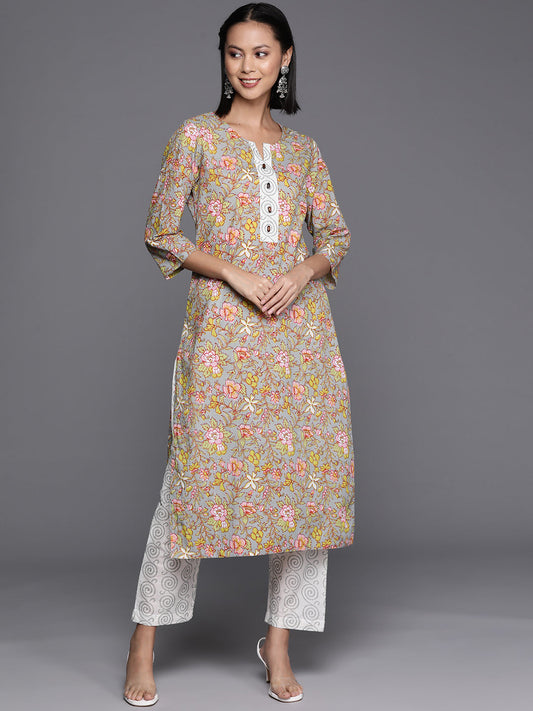 Dhiyona VR Women's Grey And Green Floral Printed Straight Kurta With Printed Trouser